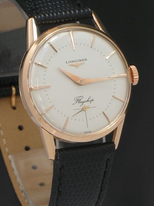 fig 2. EXTREMELY RARE FIRST EDITION 18CT SOLID ROSE GOLD LONGINES FLAGSHIP 30L MENS WATCH WITH ORIGINAL BOX C1958