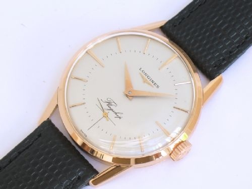 fig 8. EXTREMELY RARE FIRST EDITION 18CT SOLID ROSE GOLD LONGINES FLAGSHIP 30L MENS WATCH WITH ORIGINAL BOX C1958