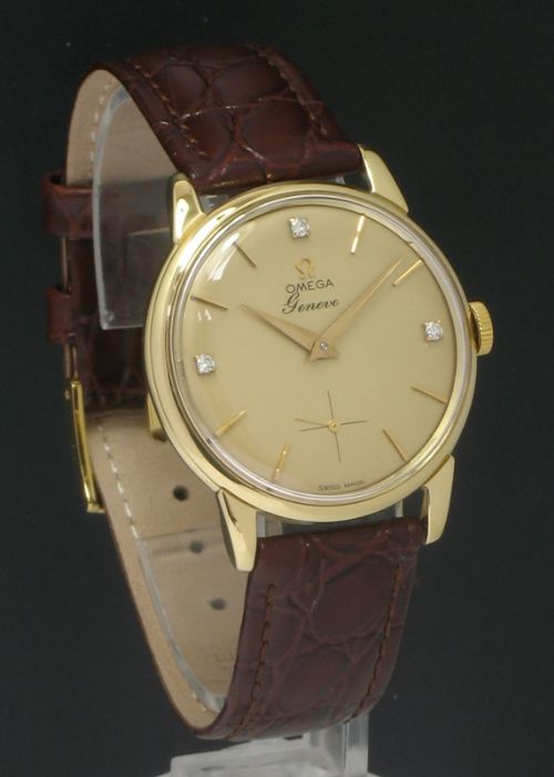 fig 1. SUPERB SOLID 18CT GOLD OMEGA GENEVE DIAMOND DIAL MENS WATCH C1960