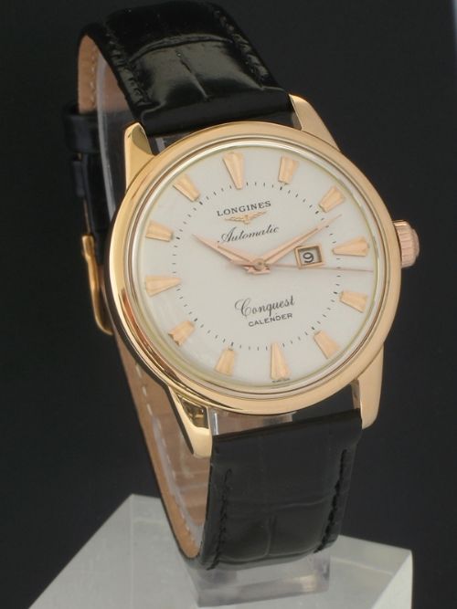 fig 1. VERY RARE SOLID 18CT ROSE GOLD LONGINES CONQUEST CALENDAR AUTOMATIC MENS WATCH C1957