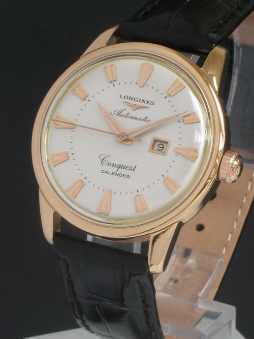 fig 2. VERY RARE SOLID 18CT ROSE GOLD LONGINES CONQUEST CALENDAR AUTOMATIC MENS WATCH C1957