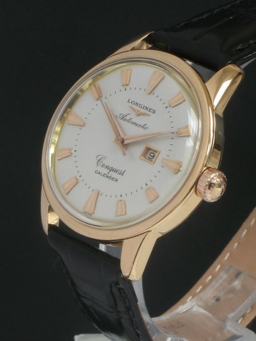 fig 3. VERY RARE SOLID 18CT ROSE GOLD LONGINES CONQUEST CALENDAR AUTOMATIC MENS WATCH C1957
