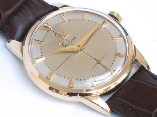 fig 1. STUNNING SOLID 9CT GOLD OMEGA GENEVE TWO TONE DIAL MENS WATCH C1958