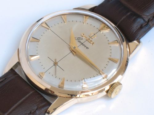 fig 2. STUNNING SOLID 9CT GOLD OMEGA GENEVE TWO TONE DIAL MENS WATCH C1958
