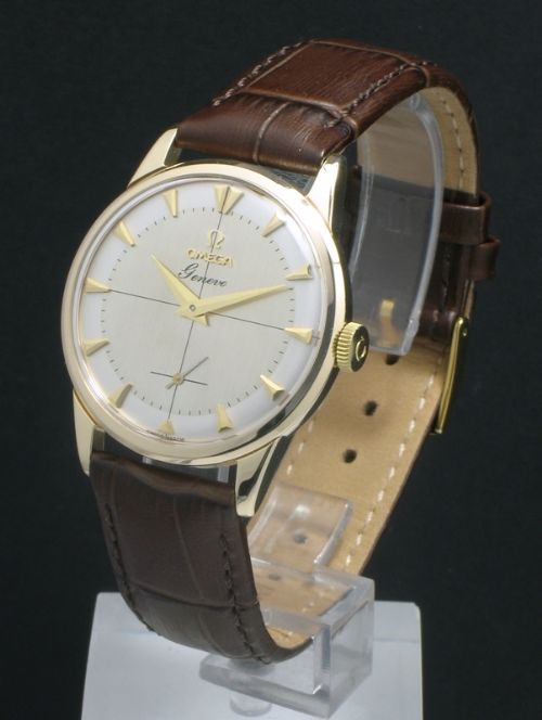 fig 4. STUNNING SOLID 9CT GOLD OMEGA GENEVE TWO TONE DIAL MENS WATCH C1958