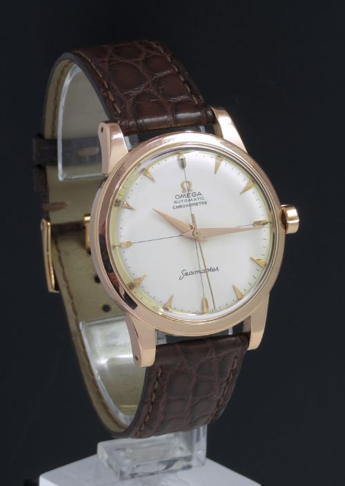 fig 1. VERY RARE SOLID 18CT ROSE GOLD OMEGA SEAMASTER AUTOMATIC CHRONOMETER CALIBRE 354 OVERSIZE MENS VINTAGE WATCH WITH BOXES C1953