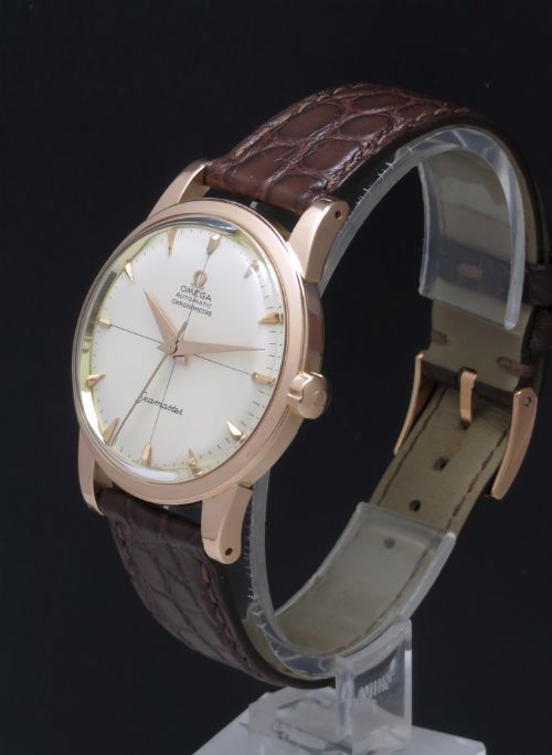 fig 2. VERY RARE SOLID 18CT ROSE GOLD OMEGA SEAMASTER AUTOMATIC CHRONOMETER CALIBRE 354 OVERSIZE MENS VINTAGE WATCH WITH BOXES C1953