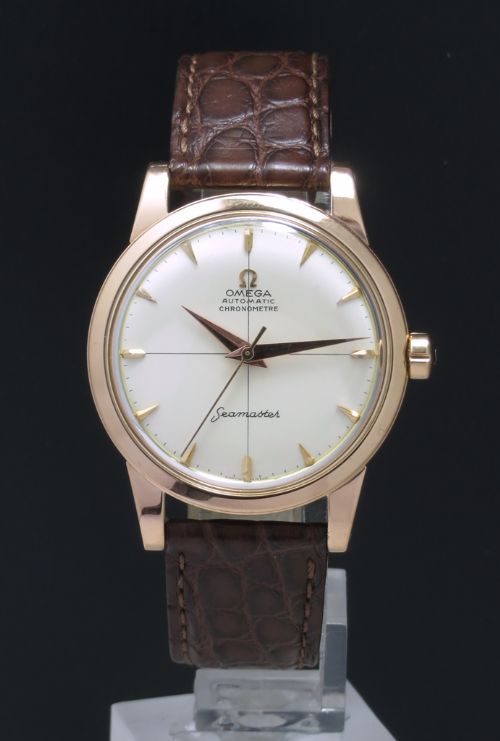 fig 3. VERY RARE SOLID 18CT ROSE GOLD OMEGA SEAMASTER AUTOMATIC CHRONOMETER CALIBRE 354 OVERSIZE MENS VINTAGE WATCH WITH BOXES C1953