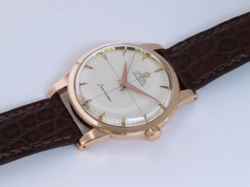 fig 4. VERY RARE SOLID 18CT ROSE GOLD OMEGA SEAMASTER AUTOMATIC CHRONOMETER CALIBRE 354 OVERSIZE MENS VINTAGE WATCH WITH BOXES C1953