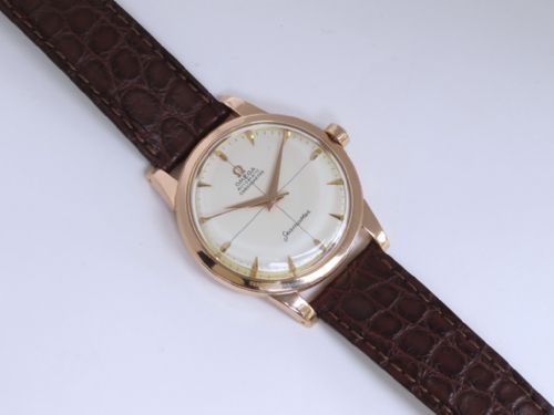 fig 5. VERY RARE SOLID 18CT ROSE GOLD OMEGA SEAMASTER AUTOMATIC CHRONOMETER CALIBRE 354 OVERSIZE MENS VINTAGE WATCH WITH BOXES C1953