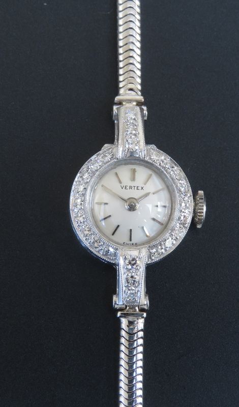 fig 5. BEAUTIFUL NEAR MINT ORIGINAL CONDITION PLATINUM AND DIAMOND VERTEX LADIES COCKTAIL WATCH C1950