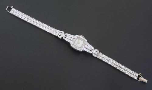 Stunning Original Platinum and Diamond Bulova Ladies Cocktail Watch with Box C1957