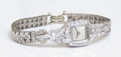 fig 1. STUNNING ORIGINAL PLATINUM AND DIAMOND BULOVA LADIES COCKTAIL WATCH WITH BOX C1957