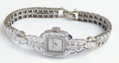 fig 2. STUNNING ORIGINAL PLATINUM AND DIAMOND BULOVA LADIES COCKTAIL WATCH WITH BOX C1957