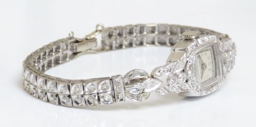 fig 3. STUNNING ORIGINAL PLATINUM AND DIAMOND BULOVA LADIES COCKTAIL WATCH WITH BOX C1957