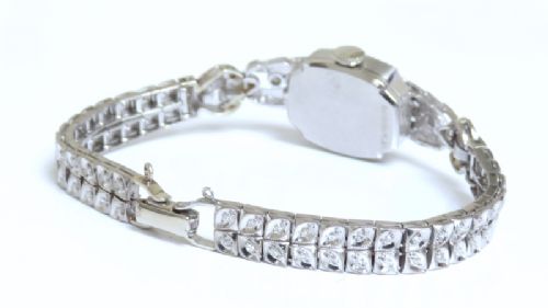 fig 5. STUNNING ORIGINAL PLATINUM AND DIAMOND BULOVA LADIES COCKTAIL WATCH WITH BOX C1957