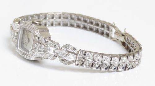 fig 6. STUNNING ORIGINAL PLATINUM AND DIAMOND BULOVA LADIES COCKTAIL WATCH WITH BOX C1957