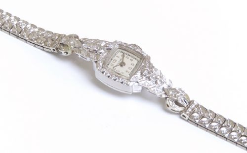 fig 7. STUNNING ORIGINAL PLATINUM AND DIAMOND BULOVA LADIES COCKTAIL WATCH WITH BOX C1957