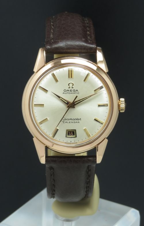 fig 1. RARE SOLID 18CT ROSE GOLD OMEGA SEAMASTER AUTOMATIC CALENDAR BUMPER MENS VINTAGE WATCH C1953