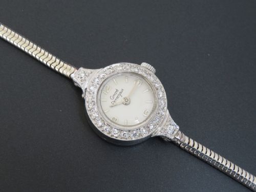 fig 1. WONDERFUL GIRARD PERREGAUX 18CT 18K WHITE GOLD AND DIAMOND LADIES COCKTAIL WATCH C1950