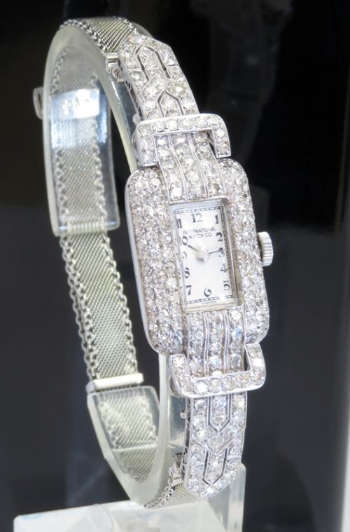 Glorious Platinum and Diamond International Watch Company Ladies Art Deco Vintage Watch C1950