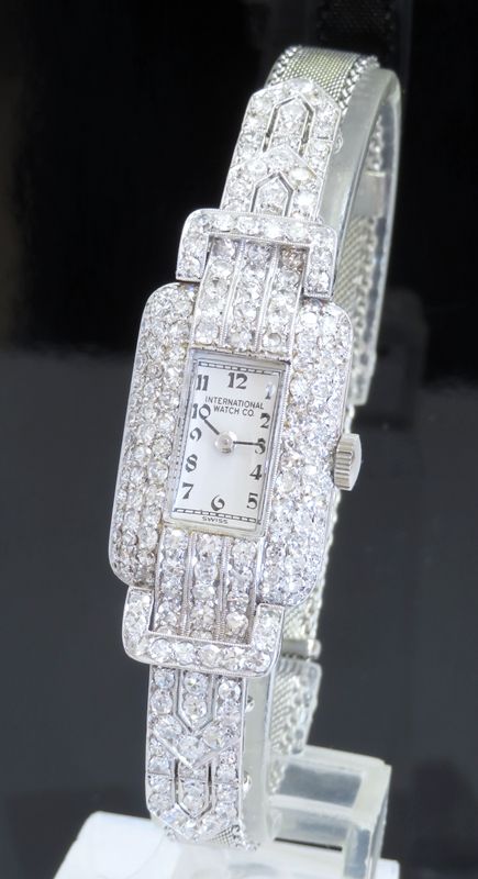 fig 1. GLORIOUS PLATINUM AND DIAMOND INTERNATIONAL WATCH COMPANY LADIES ART DECO VINTAGE WATCH C1950