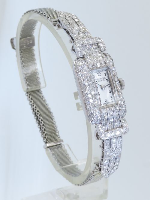 fig 6. GLORIOUS PLATINUM AND DIAMOND INTERNATIONAL WATCH COMPANY LADIES ART DECO VINTAGE WATCH C1950