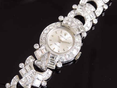 fig 1. BESPOKE MADE ROLEX PRECISION PLATINUM AND 9.6CTS OF DIAMONDS LADIES ART DECO COCKTAIL WATCH WITH BOX BY THE CROWN JEWELLERS COLLINGWOOD OF LONDON C1955