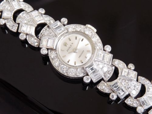 fig 2. BESPOKE MADE ROLEX PRECISION PLATINUM AND 9.6CTS OF DIAMONDS LADIES ART DECO COCKTAIL WATCH WITH BOX BY THE CROWN JEWELLERS COLLINGWOOD OF LONDON C1955