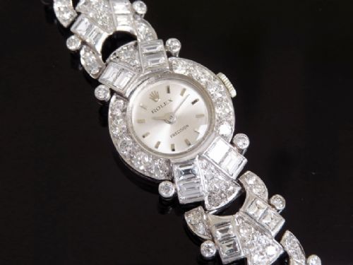 fig 3. BESPOKE MADE ROLEX PRECISION PLATINUM AND 9.6CTS OF DIAMONDS LADIES ART DECO COCKTAIL WATCH WITH BOX BY THE CROWN JEWELLERS COLLINGWOOD OF LONDON C1955