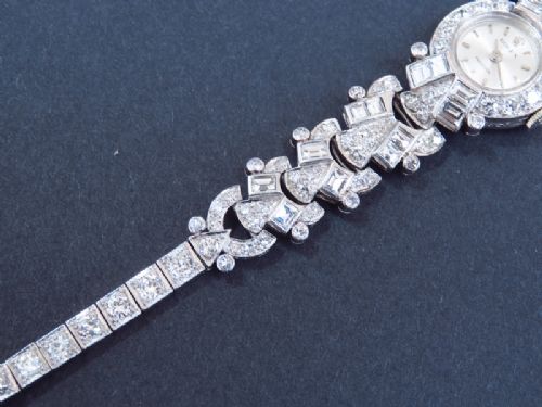 fig 4. BESPOKE MADE ROLEX PRECISION PLATINUM AND 9.6CTS OF DIAMONDS LADIES ART DECO COCKTAIL WATCH WITH BOX BY THE CROWN JEWELLERS COLLINGWOOD OF LONDON C1955