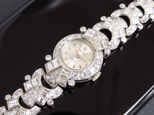 fig 5. BESPOKE MADE ROLEX PRECISION PLATINUM AND 9.6CTS OF DIAMONDS LADIES ART DECO COCKTAIL WATCH WITH BOX BY THE CROWN JEWELLERS COLLINGWOOD OF LONDON C1955