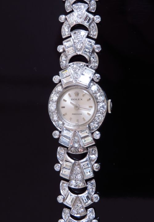 Bespoke Made Rolex Precision Platinum and 9.6cts of Diamonds Ladies Art Deco Cocktail Watch with Box by the Crown Jewellers Collingwood of London C1955
