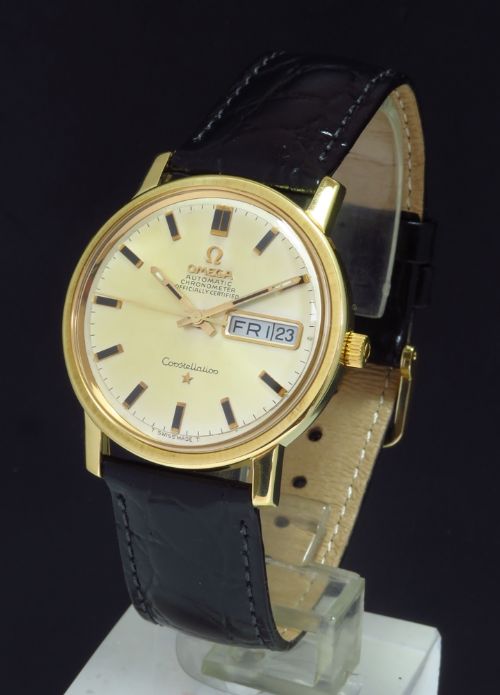 fig 1. RARE ORIGINAL SOLID 18CT 18K GOLD OMEGA CONSTELLATION DAYDATE AUTOMATIC CHRONOMETER MENS VINTAGE WATCH C1968