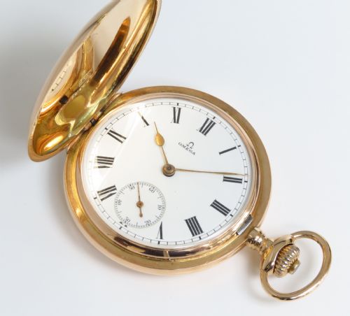 Incredible Rare Omega 14ct 14k Rose Gold Pocket Full Hunter Pocket Watch with Chain and Box C1909