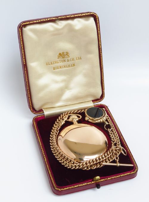 fig 1. INCREDIBLE RARE OMEGA 14CT 14K ROSE GOLD POCKET FULL HUNTER POCKET WATCH WITH CHAIN AND BOX C1909