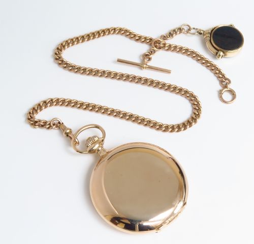 fig 5. INCREDIBLE RARE OMEGA 14CT 14K ROSE GOLD POCKET FULL HUNTER POCKET WATCH WITH CHAIN AND BOX C1909