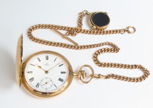 fig 6. INCREDIBLE RARE OMEGA 14CT 14K ROSE GOLD POCKET FULL HUNTER POCKET WATCH WITH CHAIN AND BOX C1909