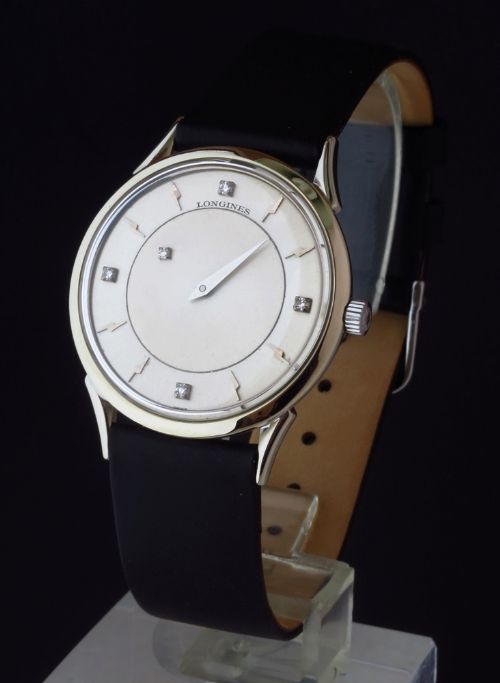 fig 1. RARE ORIGINAL SOLID 14CT WHITE GOLD LONGINES MYSTERY DIAL MENS VINTAGE WATCH C1960