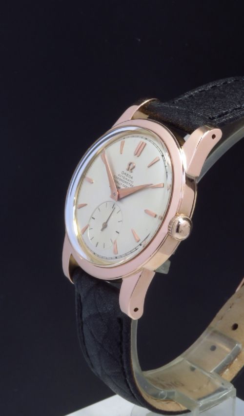 fig 1. SUPER RARE ORIGINAL SOLID 18CT 18K ROSE GOLD OMEGA SEAMASTER AUTOMATIC CHRONOMETER MARK 1 MENS VINTAGE WATCH C1949-50