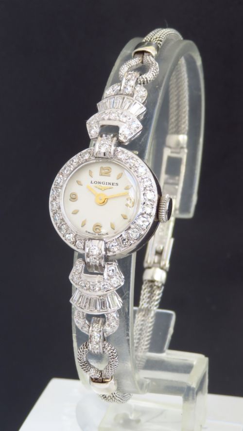 Stunning Longines Platinum and Diamond Art Deco Ladies Cocktail Watch C1956