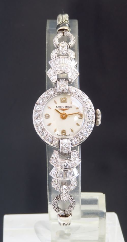 fig 1. STUNNING LONGINES PLATINUM AND DIAMOND ART DECO LADIES COCKTAIL WATCH C1956