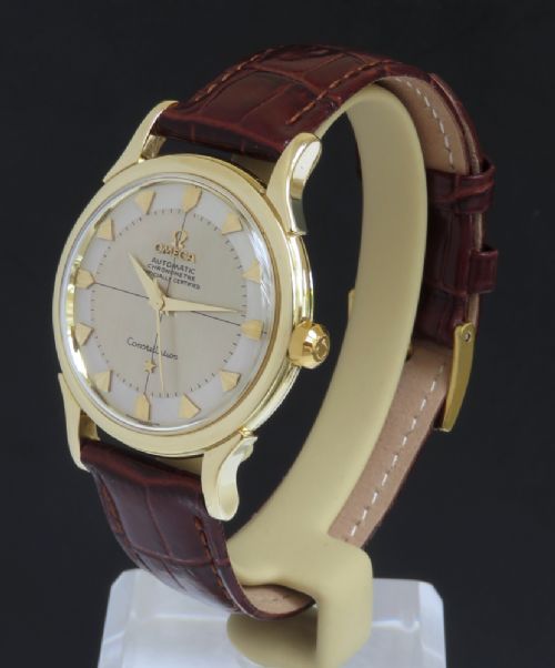 fig 1. STUNNING SOLID 14CT 14K GOLD OMEGA CONSTELLATION AUTOMATIC BUMPER CALIBRE 354 MARK 1 MENS VINTAGE WATCH WITH BOX C1954-55