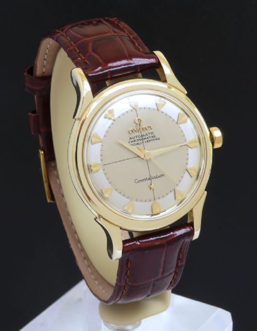 fig 2. STUNNING SOLID 14CT 14K GOLD OMEGA CONSTELLATION AUTOMATIC BUMPER CALIBRE 354 MARK 1 MENS VINTAGE WATCH WITH BOX C1954-55