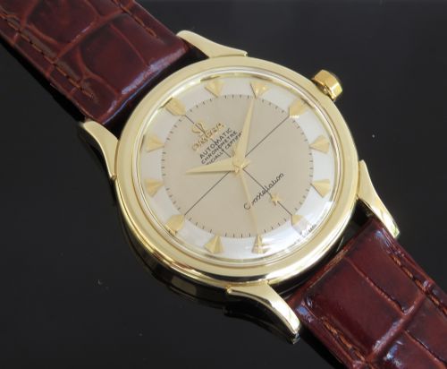 fig 3. STUNNING SOLID 14CT 14K GOLD OMEGA CONSTELLATION AUTOMATIC BUMPER CALIBRE 354 MARK 1 MENS VINTAGE WATCH WITH BOX C1954-55