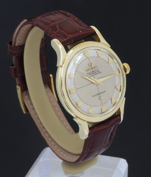 fig 4. STUNNING SOLID 14CT 14K GOLD OMEGA CONSTELLATION AUTOMATIC BUMPER CALIBRE 354 MARK 1 MENS VINTAGE WATCH WITH BOX C1954-55