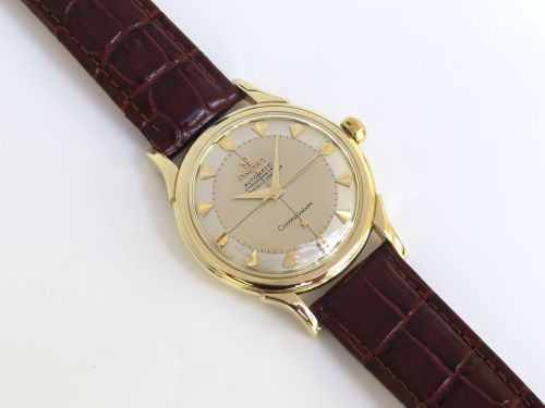 fig 5. STUNNING SOLID 14CT 14K GOLD OMEGA CONSTELLATION AUTOMATIC BUMPER CALIBRE 354 MARK 1 MENS VINTAGE WATCH WITH BOX C1954-55