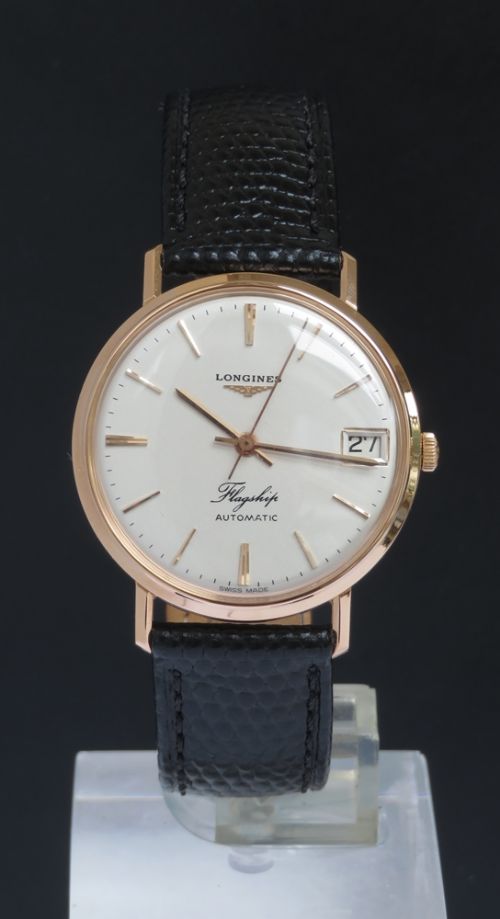 fig 2. MINT CONDITION SOLID 18CT 18K ROSE GOLD LONGINES FLAGSHIP AUTOMATIC DATE MENS VINTAGE WATCH C1966