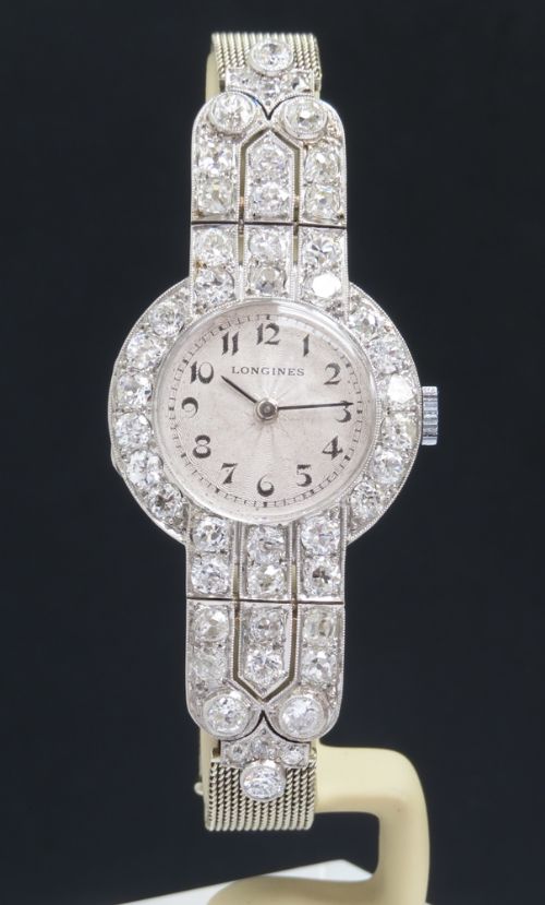 fig 1. INCREDIBLE LONGINES PLATINUM AND 5CTS OF DIAMONDS ART DECO LADIES COCKTAIL WATCH RETAILED BY HARRODS OF LONDON C1940