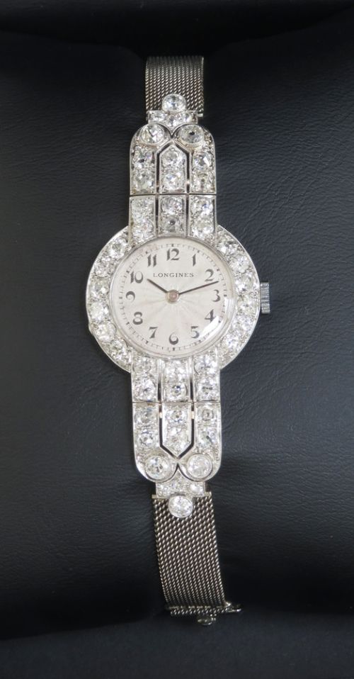 fig 7. INCREDIBLE LONGINES PLATINUM AND 5CTS OF DIAMONDS ART DECO LADIES COCKTAIL WATCH RETAILED BY HARRODS OF LONDON C1940